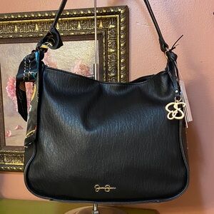Jessica Simpson NWT Black Faux Leather Shoulder Hobo Bag with Scarf